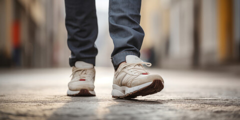 Close up view of man in sneakers that is walking on a street - obrazy, fototapety, plakaty