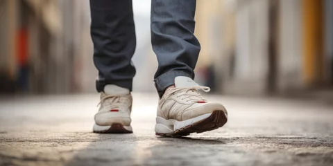 Fotobehang Close up view of man in sneakers that is walking on a street © standret