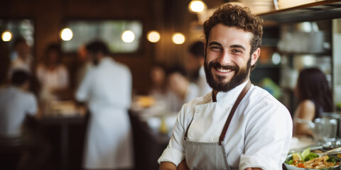 Fototapeta premium Portrait of handsome young Italian chef that is standing indoors in uniform