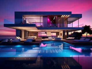 Modern luxury home at sunset night with a 3D swimming pool generative ai