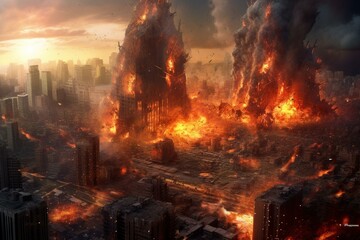 City destroyed by massive asteroid. Generative AI - obrazy, fototapety, plakaty
