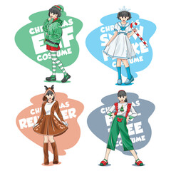 Kid girl in Christmas Costumes. Elf, Snowflake, Fir-Tree and Reindeer with girl characters. Vector illustration