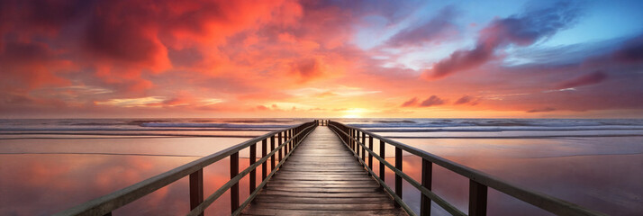 A tranquil scene of a wooden jetty stretching out into the golden sea