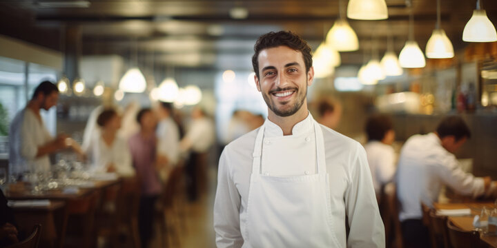 Portrait of handsome young Italian chef that is standing indoors in uniform