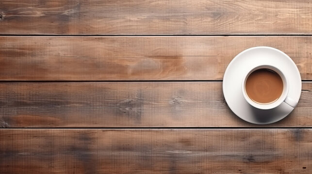 Coffee cup on the wooden table, top view