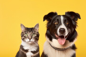  Cat and dog together with happy expressions on yellow background.