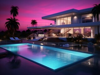 Modern luxury home at sunset night with a 3D swimming pool generative ai