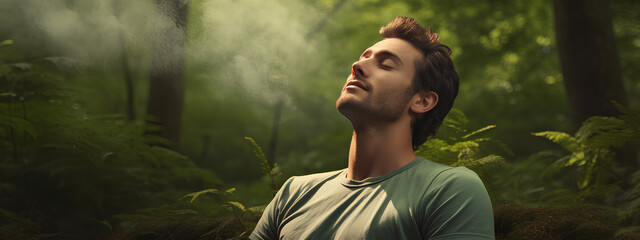 Relaxed happy young man breathing fresh air deep with a green forest. 
