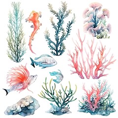 Underwater Sea element in watercolor on the white background.