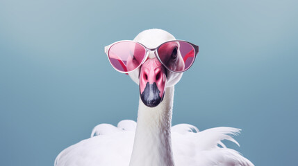 White swan bird in sunglasses. Creative animal concept