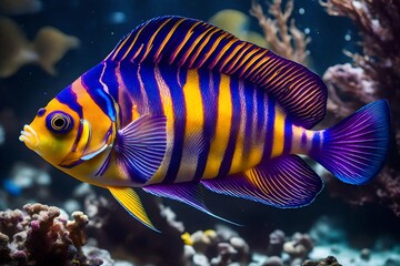 Create an elegant picture of a royal gramma fish with its striking purple and yellow hues 
