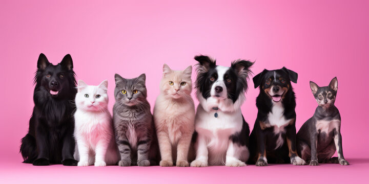 Dogs and cats lined up together for a portrait against pink wall