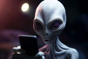 With smartphone. Portrait of alien that is standing