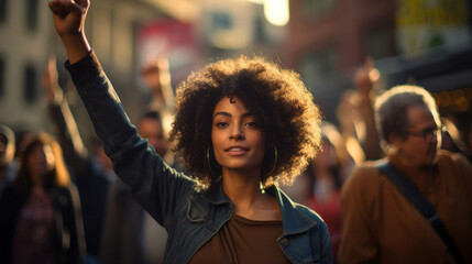 Obraz premium Black woman marching in protest with a group of people