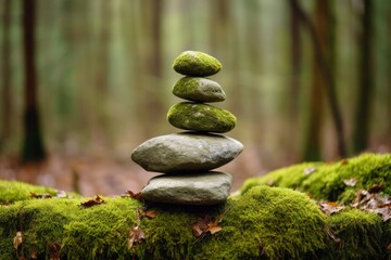 Pyramid stones balance on old mossy fallen tree.