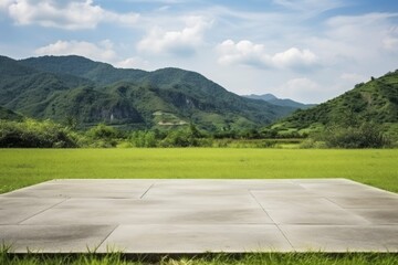 Square floor and green mountain nature landscape.