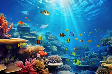 Papier Peint photo Récifs coralliens Underwater with colorful sea life fishes and plant at seabed background, Colorful Coral reef landscape in the deep of ocean. Marine life concept, Underwater world scene.