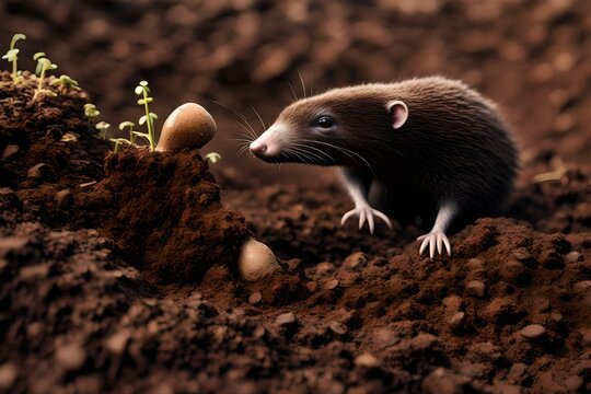 Produce an AI-generated picture of a mole digging through the soil in search of food