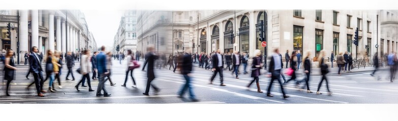 Walking people blur. Lots of people walk in the City of London. Wide panoramic view of people crossing the road.