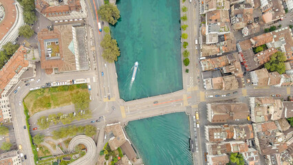 Zurich, Switzerland. Pleasure boat on the Limmat River. Summer day, Aerial View