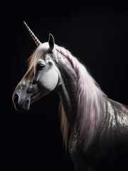 Unicorn horse portrait on black background. Magic fantasy animal.