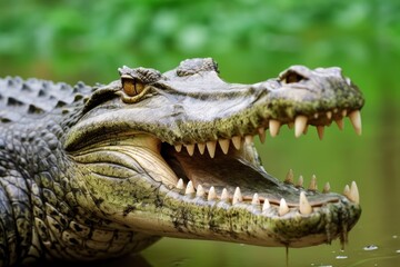 Crocodile with its mouth wide open with a green lake in the green background.