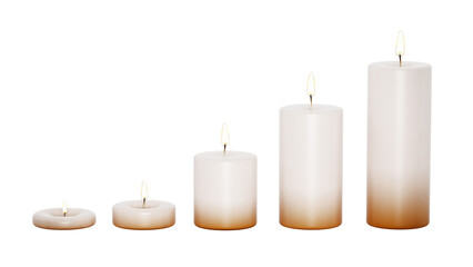 Lit candles in different sizes isolated on transparent background. 3D illustration - obrazy, fototapety, plakaty