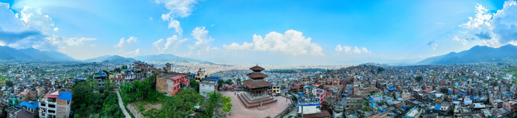 Aerial view of Uma Maheshwar Temple, Kirtipur, Nepal. Kathmandu. Palaces and buildings. Terraces...