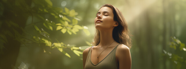 Relaxed happy young woman breathing fresh air deep with a green forest. 
