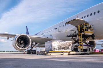 Air cargo logistic containers are loading to an airplane. Air transport shipment prepare for loading to modern freighter jet aircraft at the airport. - obrazy, fototapety, plakaty