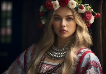 Beautiful portrait of Slavic woman in traditional dress. Russian, Ukrainian, traditional. Generative AI