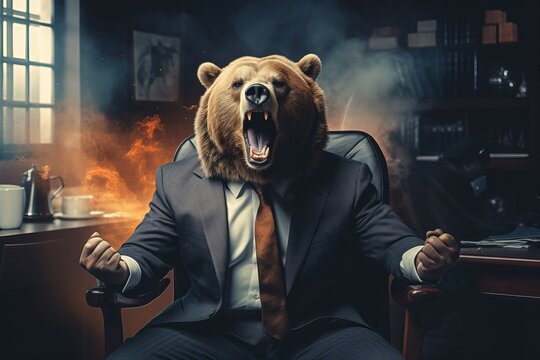 Bear like a human in suit sitting on the armchair. Trading stock market concept