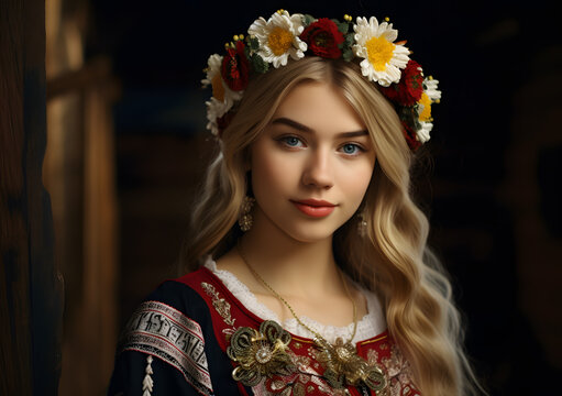 Beautiful portrait of Slavic woman in traditional dress. Russian, Ukrainian, traditional. Generative AI