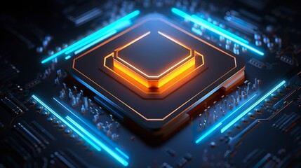 Obraz premium Top View of a Chip with Glowing Light and Fog in Orange and Blue.