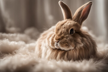 Obraz premium Close-up of a fluffy rabbit lying on a fluffy carpet with cuteness