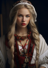 Beautiful portrait of Slavic woman in traditional dress. Russian, Ukrainian, traditional. Generative AI