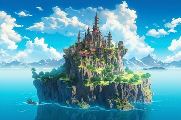 Ancient Heavenly Floating island in the sky with a castle, vibrant, fantasypunk.