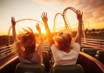 Roller Coaster Euphoria People cheering and enjoying ride at the amusement park with sunset. Generative AI