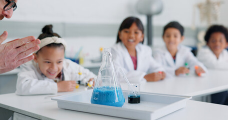 School kids, science and teacher with beaker in class for learning, information or experiment for knowledge. Children, boy and girl with education, mentor or scholarship for innovation in laboratory