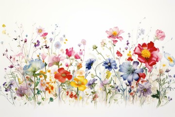 An artwork featuring numerous flowers on a white background and highlighted by a white border. Generative AI