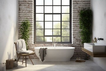Fototapeta na wymiar Bathroom with white brick walls, tiled floor, comfortable bathtub, and large window. Generative AI
