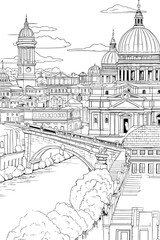 Italy Rome cityscape black and white coloring page book for adults. Lazio region megapolis skyline, buildings, street, landmarks vector outline sketch for anti stress