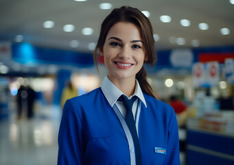 Portrait of beautiful sales woman standing confident. Business woman at super shop. Generative AI