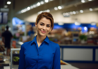 Portrait of beautiful sales woman standing confident. Business woman at super shop. Generative AI