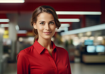 Portrait of beautiful sales woman standing confident. Business woman at super shop. Generative AI
