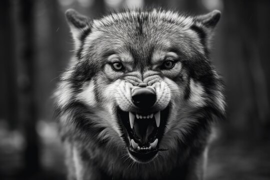 Greyscale closeup shot of an angry wolf with a blurred background.