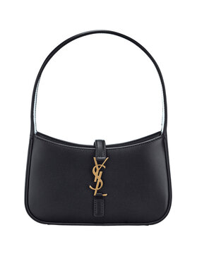 Saint Laurent women's miniature handbag made of black leather, with a logo YSL made of golden metal, on a leather strap, isolated on a white background. Front view. Belarus, Minsk, 16.10.2023.