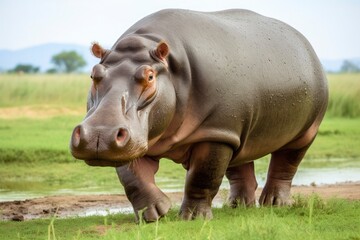 Hippopotamus Walking in a green field.