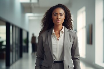 A beautiful African American woman in a simple business suit, standing in an empty office.