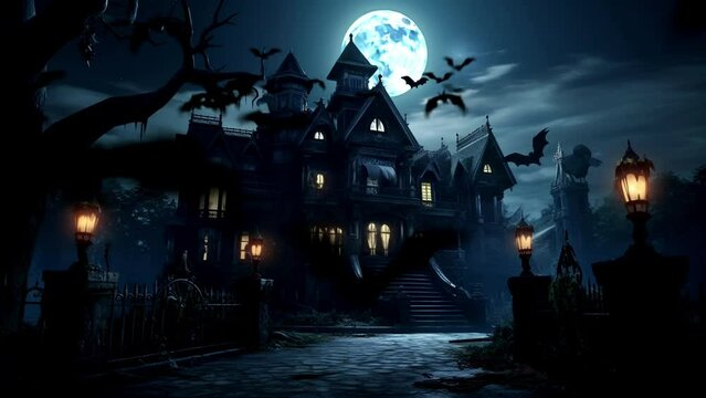 halloween night scene with haunted house, seamless looping video background animation, cartoon anime style